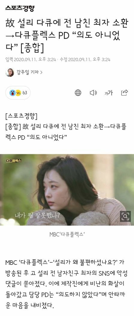 mbc 다큐플렉스 설리편 방송이후 최자 비난하는 악플러들