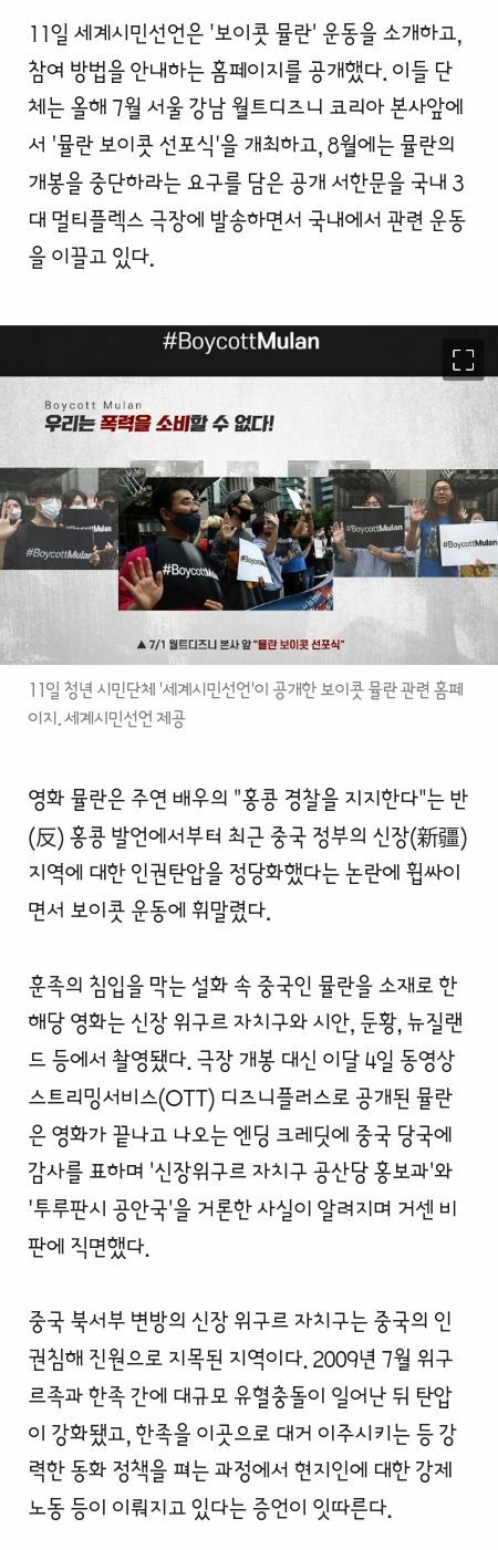 국내에서도 거세지는 뮬란 보이콧 운동