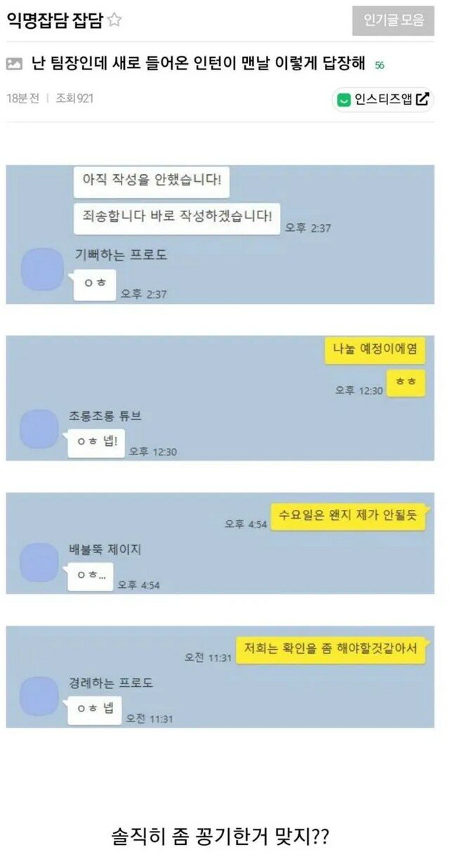 나 팀장인데 신입 인턴이 맨날 이렇게 답장함