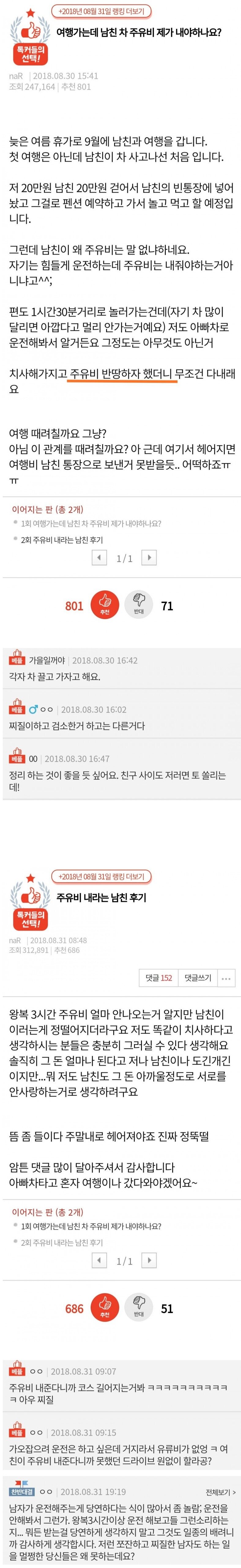 판) 여행가는데 남친 차 주유비 제가 내야하나요?