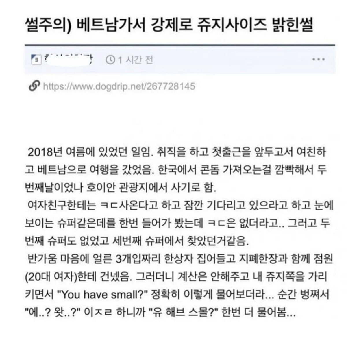 베트남가서 강제로 쥬지사이즈 밝힌 썰