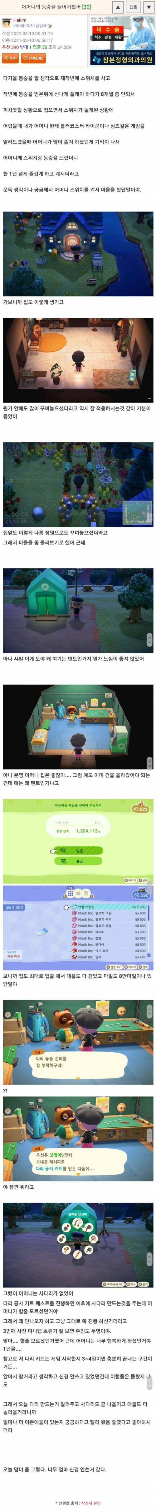 어머니의 동숲을 들어가봤어