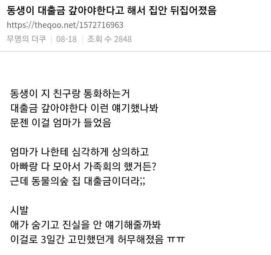 동생 대출금 갚아야한다고 해서 집안 뒤집어짐