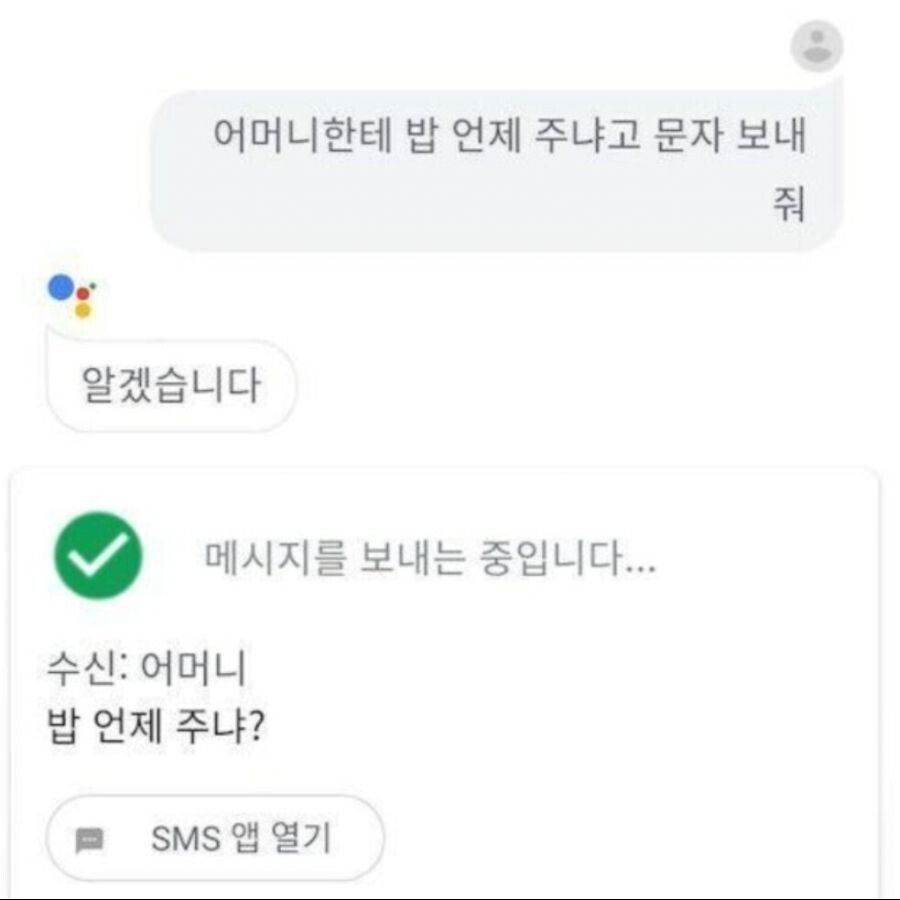 어머니한테 밥 언제 주냐고 문자 보내줘