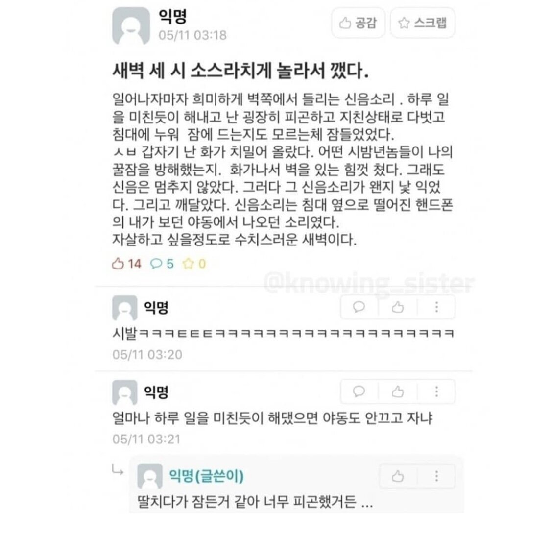 새벽 3시에 옆집 신음소리에 잠 깸