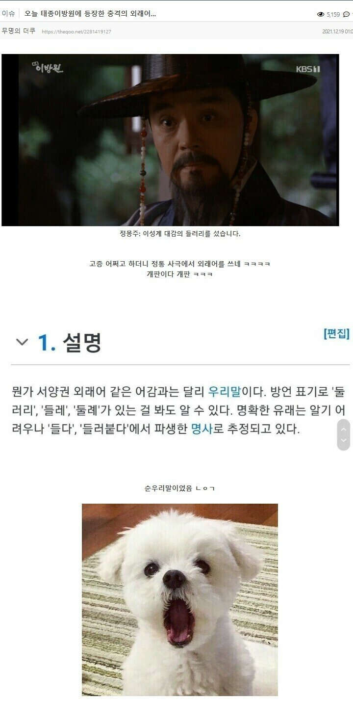 전통사극 태종 이방원에 외래어가 나와 충격받은사람