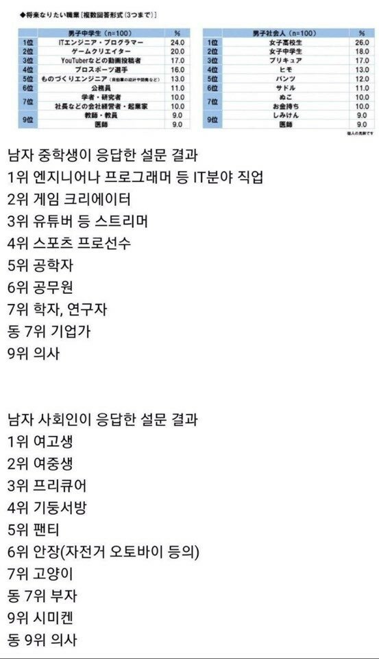 일본의 남자 중학생과 직장인 장래희망 순위