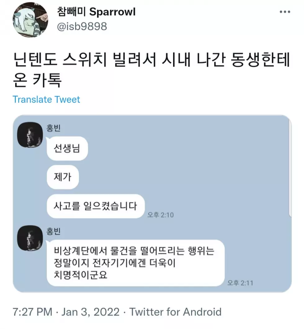 닌텐도 스위치 빌려간 동생